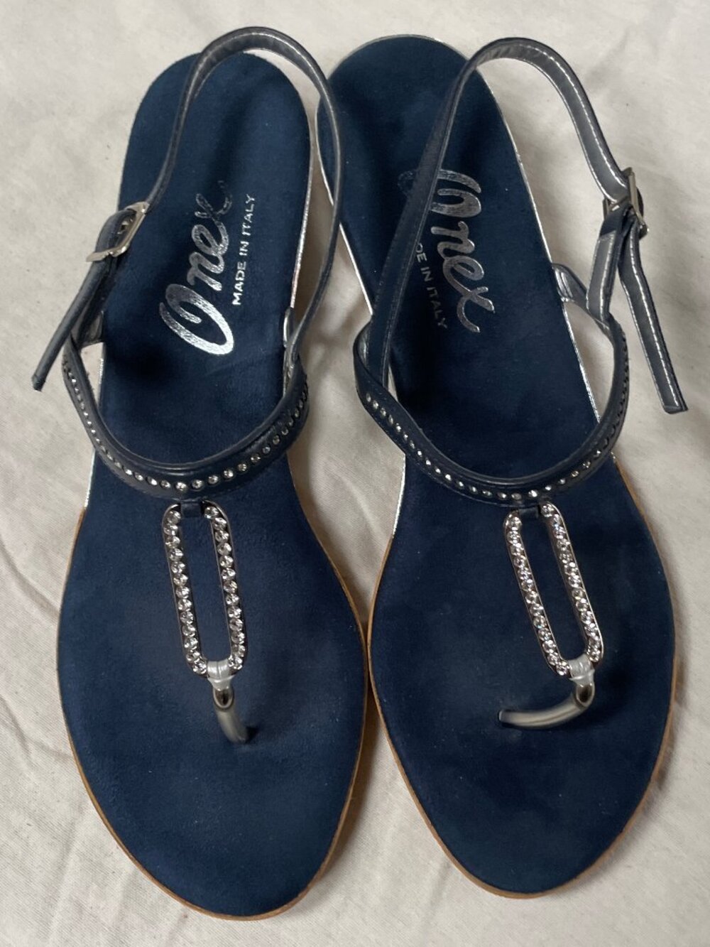 Onex Navy Blue Suede Rhinestone Thong Wedge Sandals Size 10
